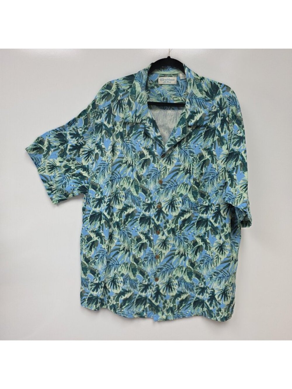 Caribbean Shirt Mens 2XB Blue Tropical Hawaiian Silk Blend Button Up Leaf Print